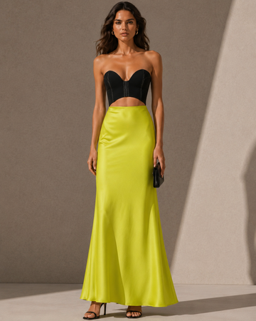 DOREA Lime Denim Cutout Satin Maxi Dress