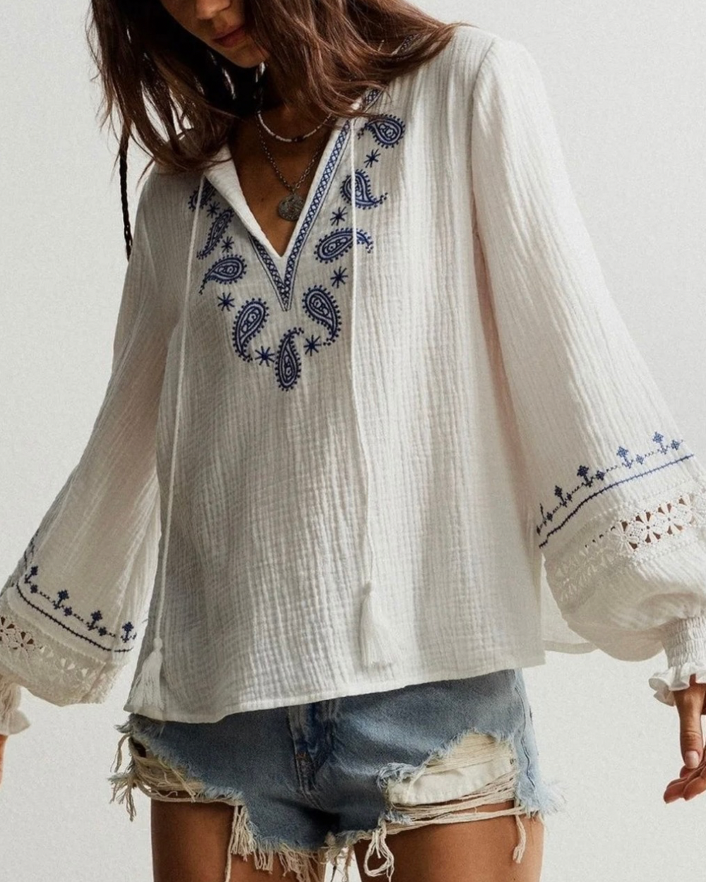 DOREA Off-White Paisley Embroidered Boho Cotton Top