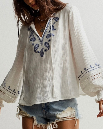DOREA Off-White Paisley Embroidered Boho Cotton Top