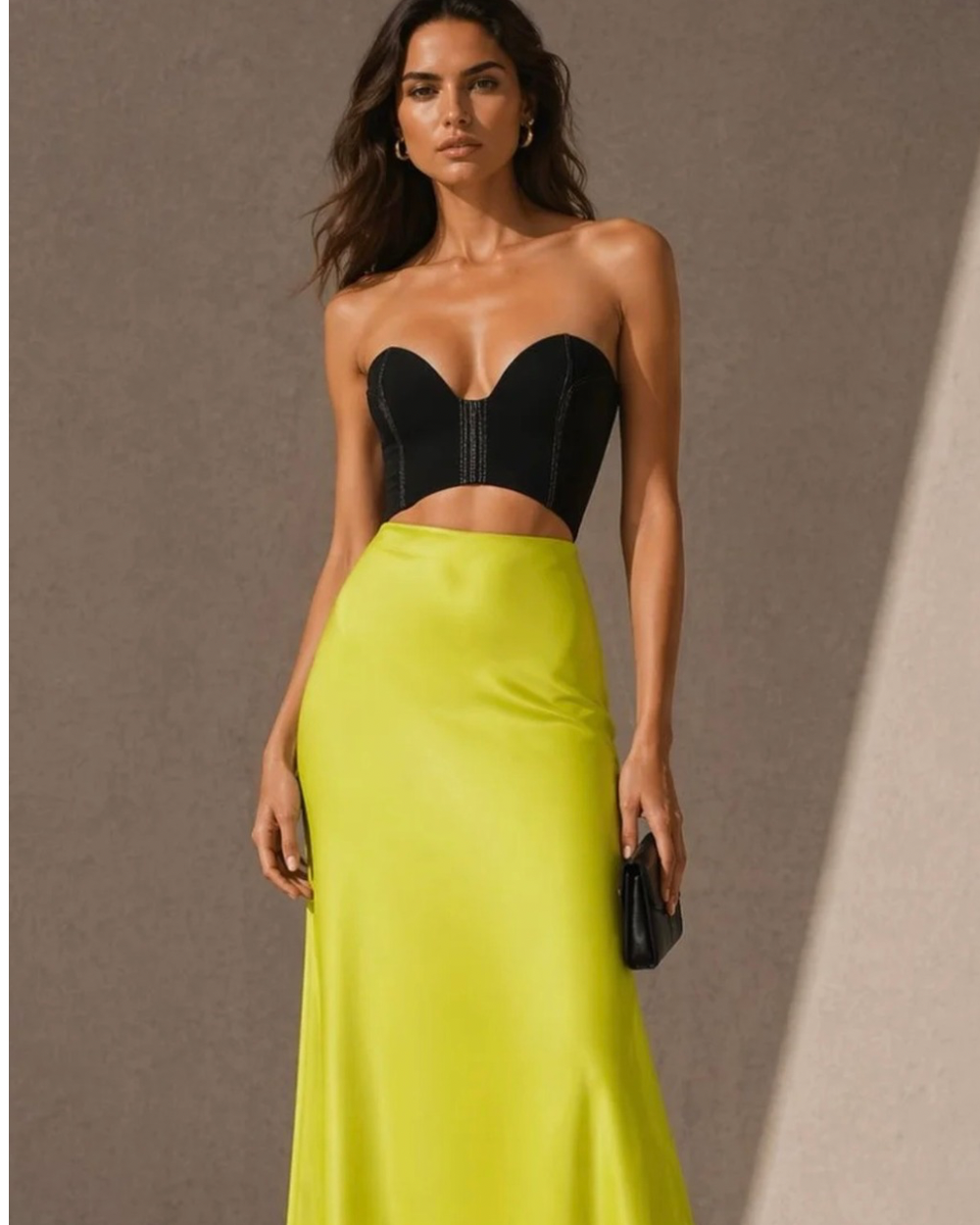 DOREA Lime Denim Cutout Satin Maxi Dress