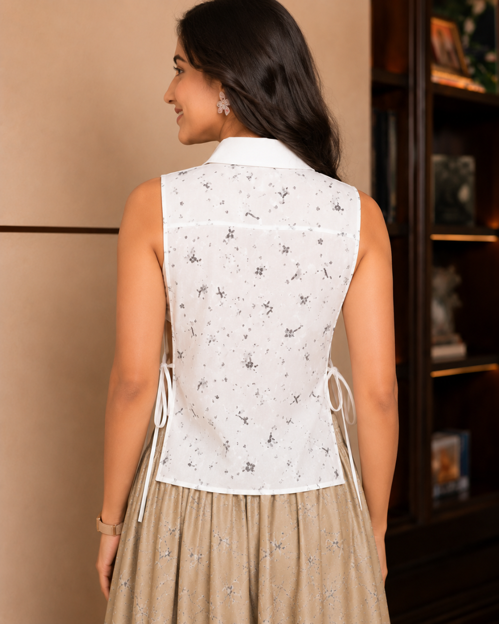 DOREA Elara Printed Cotton Sleeveless Tie-Up Shirt – Ivory Bloom