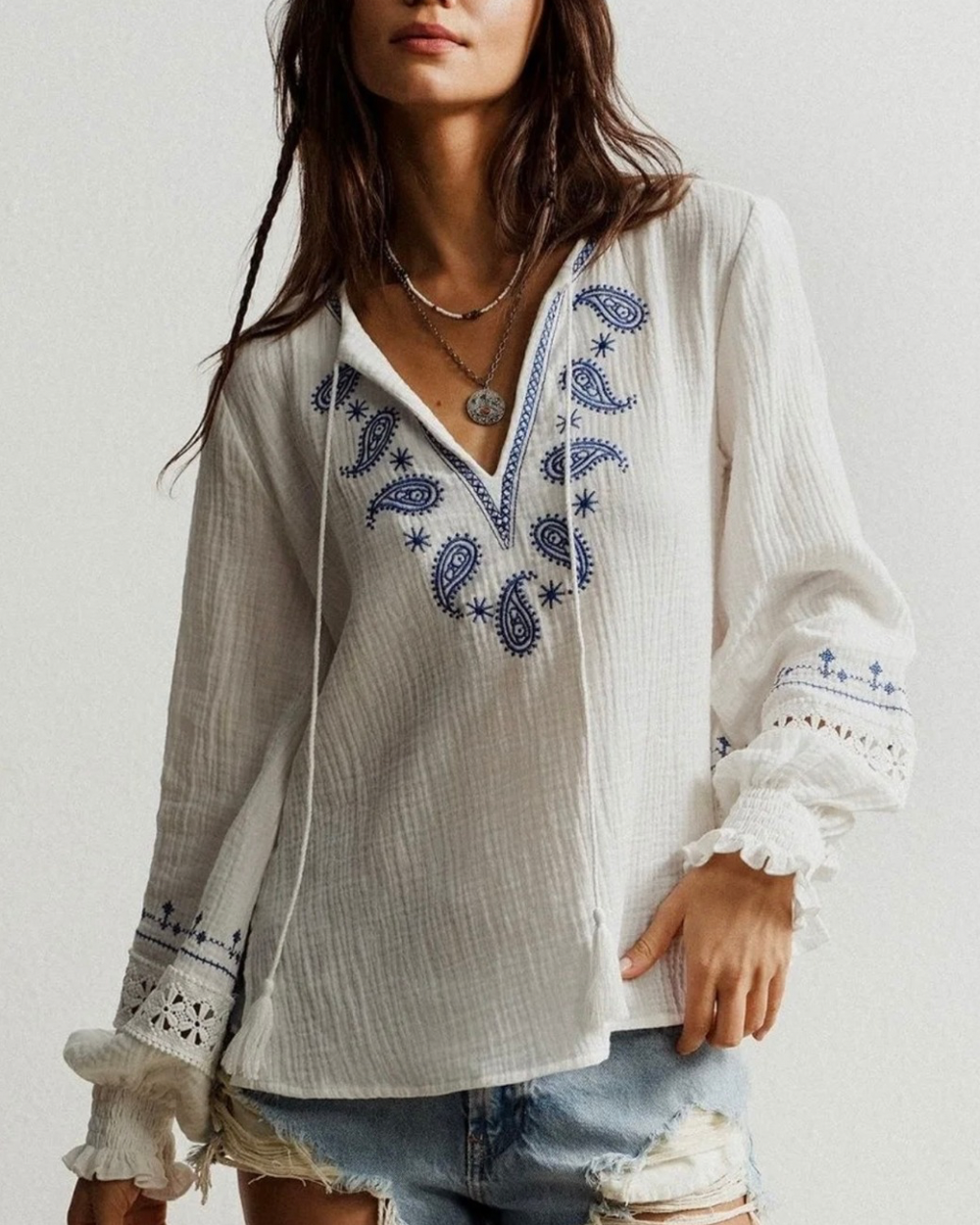 DOREA Off-White Paisley Embroidered Boho Cotton Top