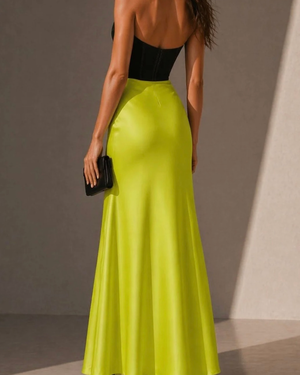 DOREA Lime Denim Cutout Satin Maxi Dress