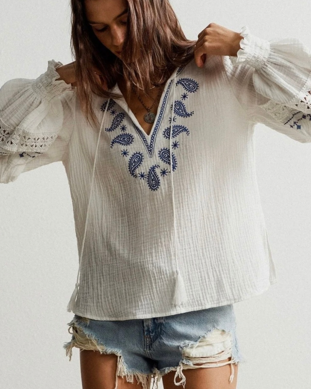 DOREA Off-White Paisley Embroidered Boho Cotton Top