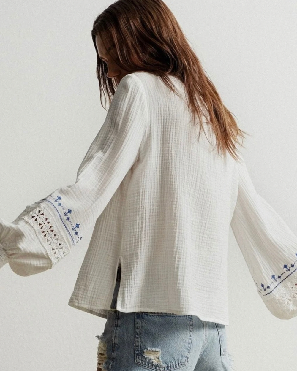 DOREA Off-White Paisley Embroidered Boho Cotton Top