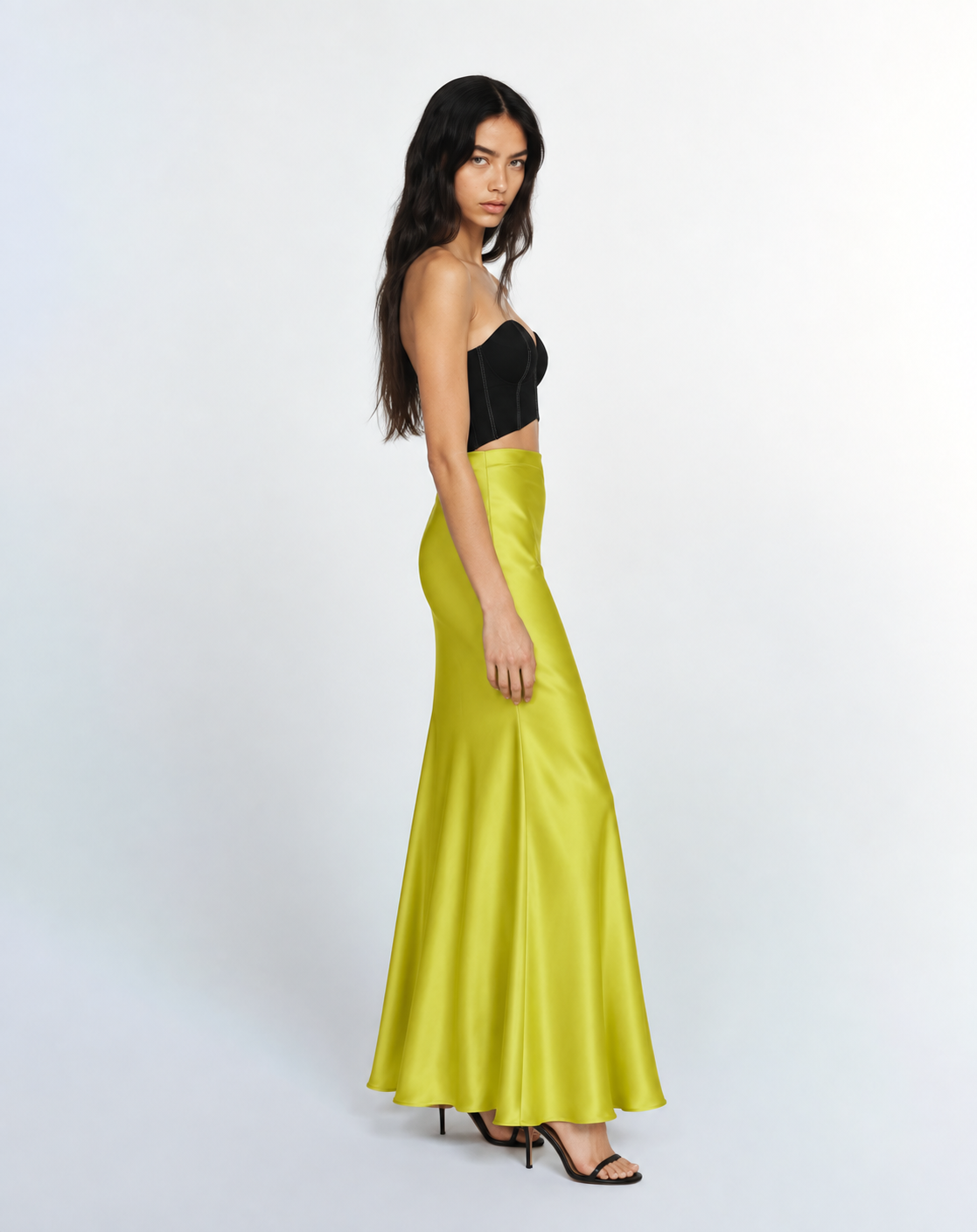 DOREA Lime Denim Cutout Satin Maxi Dress